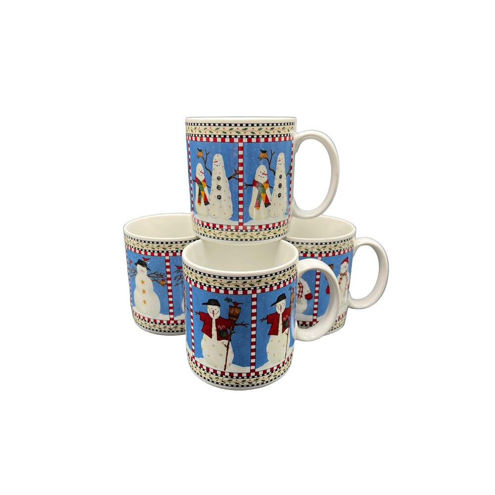 Vintage Debbie Mumm Set of 4 Rustic Snowman Mugs Great for Coffee, Cocoa, or Tea